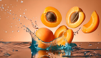 Infuse your creative projects with vibrant energy using this stunning high-resolution photo of a juicy apricot in a powerful liquid explosion. Captured with precision in a professional studio setup