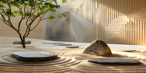 Tranquil Zen garden with small tree, smooth stones