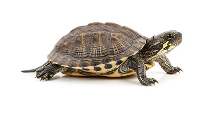 Detailed side-view image of a small freshwater turtle walking slowly across a white background, shell pattern richly textured, skin folds and claws visible, natural coloration, bright and even studio 