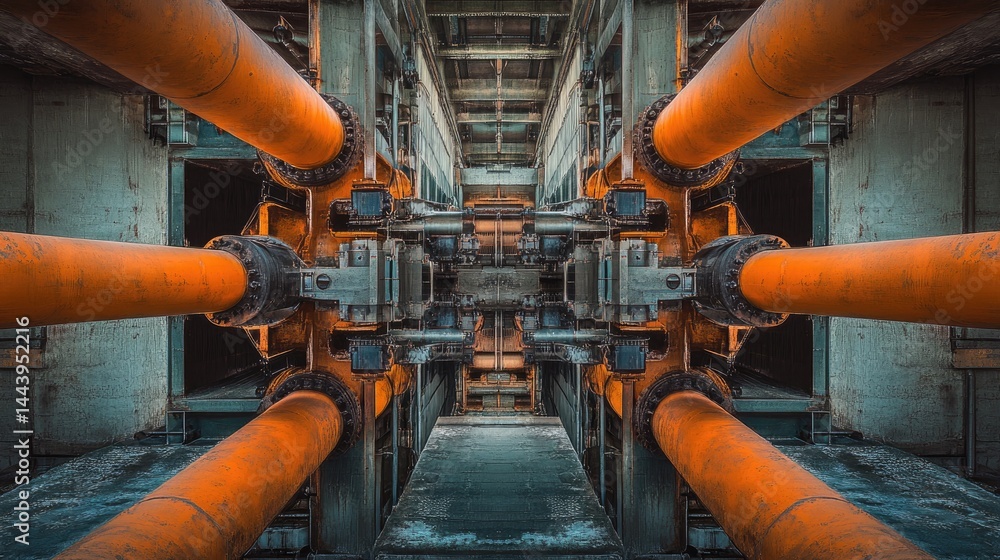 Poster a close-up view of an intricate industrial machinery setup featuring vibrant orange robotic arms con