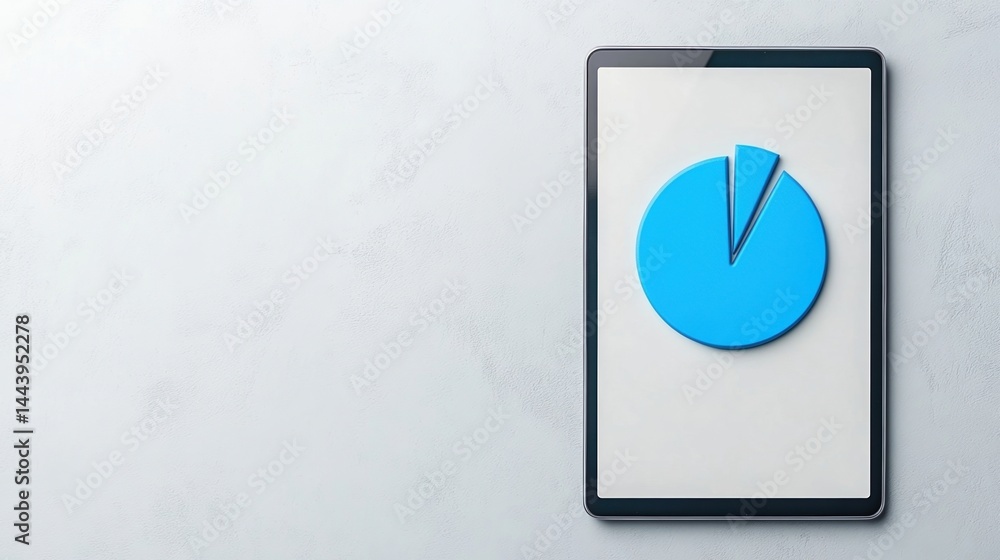Poster a digital tablet displays a blue pie chart with one segment separated, set against a light backgroun