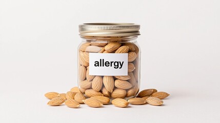 A glass jar labeled "allergy" filled with almonds, with additional almonds scattered around it on a white background.