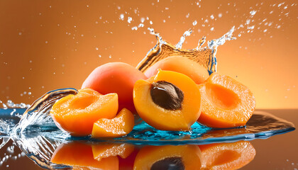 Infuse your creative projects with vibrant energy using this stunning high-resolution photo of a juicy apricot in a powerful liquid explosion. Captured with precision in a professional studio setup