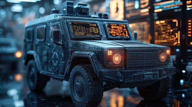 Futuristic Military Armored Vehicle: Digital Wireframe Design