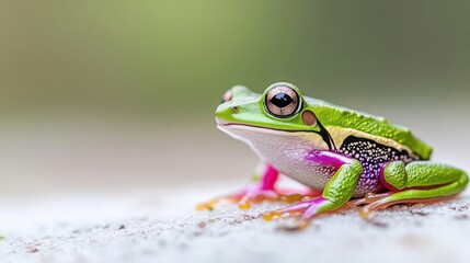 Fototapeta premium Close-up of a vibrant green tree frog with pink accents