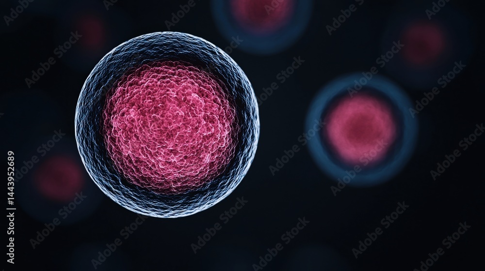 Poster a microscopic view of a single biological cell with a pink nucleus, floating in a dark background.