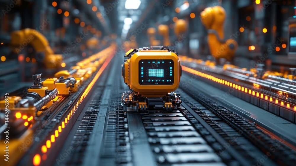 Poster futuristic factory: a tiny robot on an automated production line