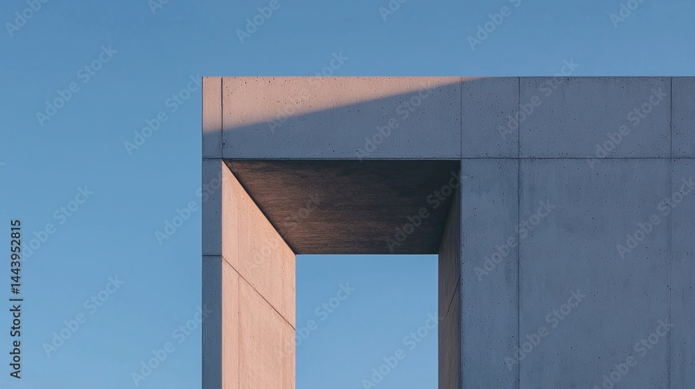 Poster minimalist concrete building structure with geometric lines and sharp shadows under a clear blue sky
