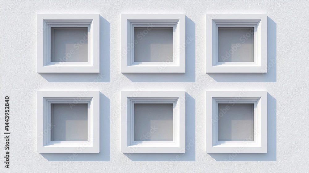 Poster six square recessed windows arranged in two rows on a white minimalist building facade.
