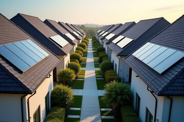 A bird's-eye view of a neighborhood with multiple houses, each featuring solar panels on their rooftops