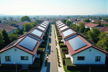 A bird's-eye view of a neighborhood with multiple houses, each featuring solar panels on their rooftops