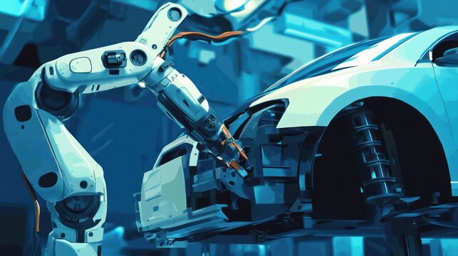 Robotic arm manufacturing car, automotive assembly line, blue tone industry