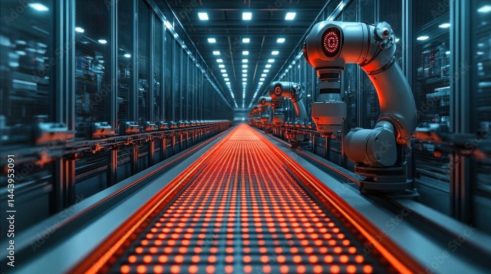 Aufkleber futuristic automated factory: robotic assembly line with illuminated conveyor belt
