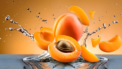 Infuse your creative projects with vibrant energy using this stunning high-resolution photo of a juicy apricot in a powerful liquid explosion. Captured with precision in a professional studio setup
