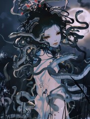 Modern Medusa portrait in Japanese-inspired SUMI ink illustration style, combining serpentine hair, mythological elegance, and expressive brushwork in detailed character art