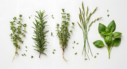 Flat lay composition of fresh aromatic herbs (rosemary, thyme, basil) and wild grasses, carefully arranged on a clean white background, soft studio lighting, high-resolution detail showing texture of 