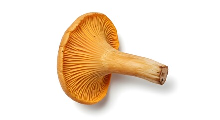 Realistic studio photo of a wild chanterelle mushroom, isolated on a white background, top-down angle, detailed gills texture and earthy color tones, subtle shadow below for depth
