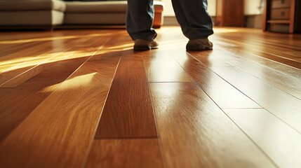 Fototapeta premium Person Walking on Polished Wooden Floor