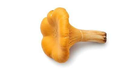 Realistic studio photo of a wild chanterelle mushroom, isolated on a white background, top-down angle, detailed gills texture and earthy color tones, subtle shadow below for depth
