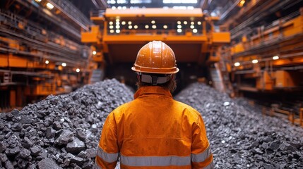 Obraz premium Mining Worker Contemplating a Mountain of Ore in a Massive Industrial Facility