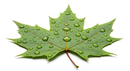 macro shot of a single dewdrop-covered green maple leaf placed on a pure white background
