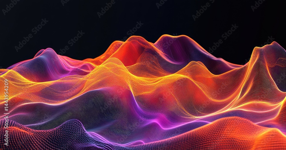 Poster vibrant abstract landscape of flowing waves in shades of purple and orange. creating a dynamic visua