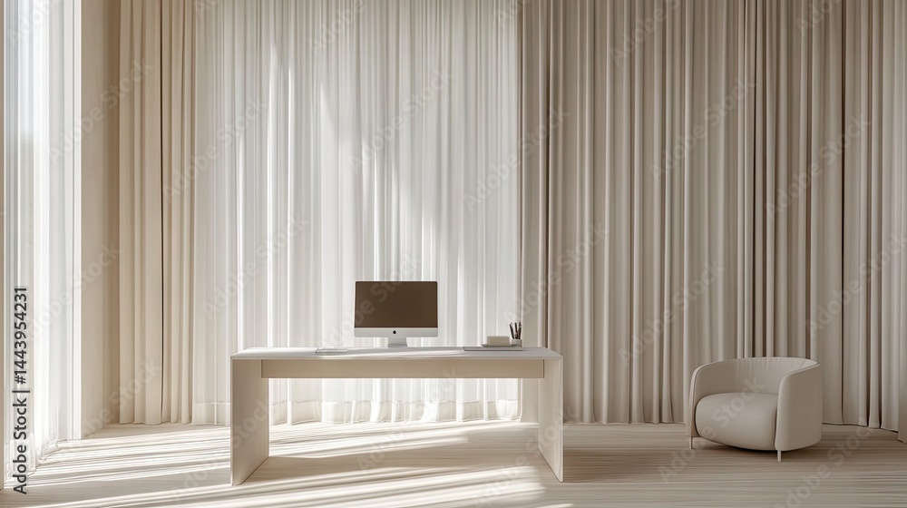 Poster A modern home office setup featuring a sleek white desk with a computer. surrounded by bright curtains and a view of greenery outside. creating a serene work environment