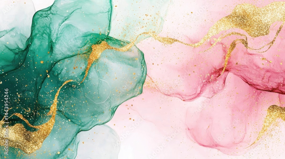 Poster abstract fluid art composition featuring flowing waves of pink. green. and gold. creating a serene a