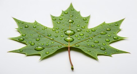 macro shot of a single dewdrop-covered green maple leaf placed on a pure white background