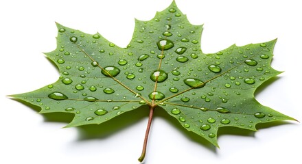 macro shot of a single dewdrop-covered green maple leaf placed on a pure white background