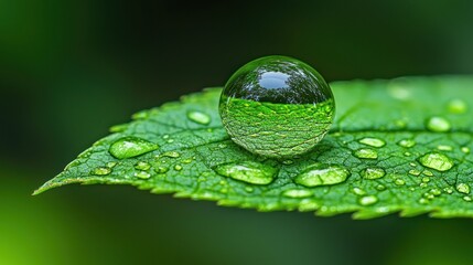 Delicate water droplet sphere on a leaf