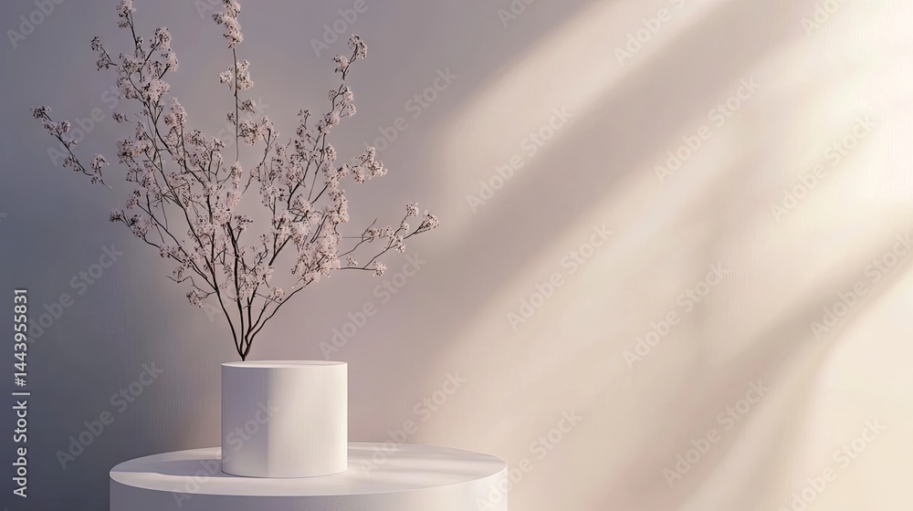 Poster a minimalistic white cylindrical vase placed in a serene room with soft natural light streaming thro