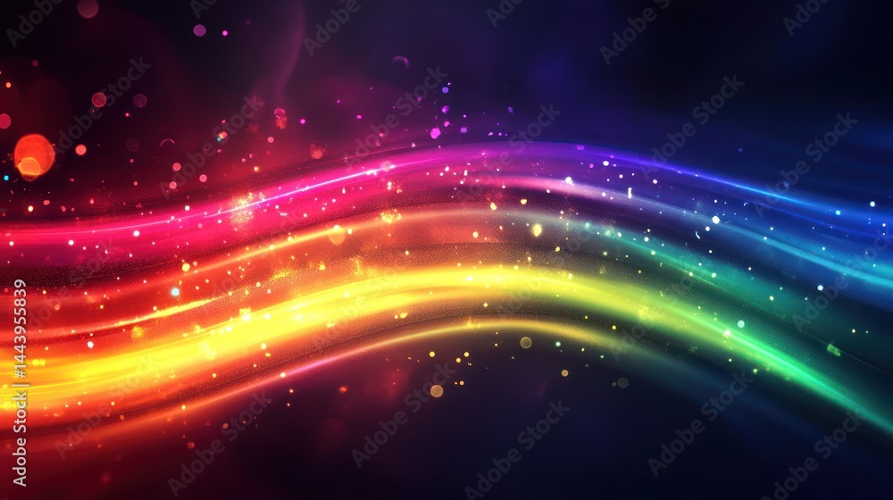 Poster abstract iridescent light streaks with sparkling particles and a dark gradient