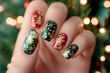 A beautifully manicured hand showcasing festive Christmas-themed nail art with intricate designs. surrounded by frosted pine branches and soft glowing lights in the background