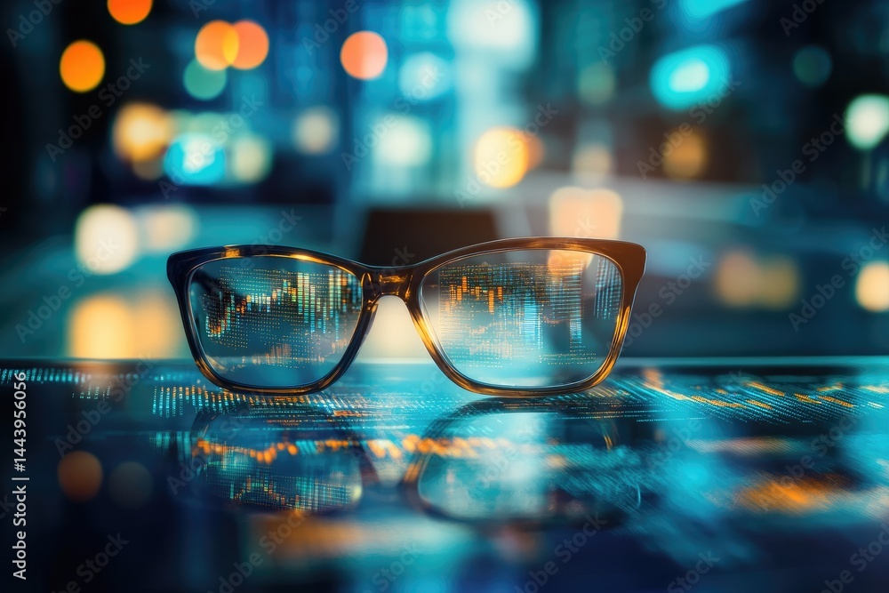 Poster close-up of stylish eyeglasses resting on a digital workspace. reflecting stock market graphs and da