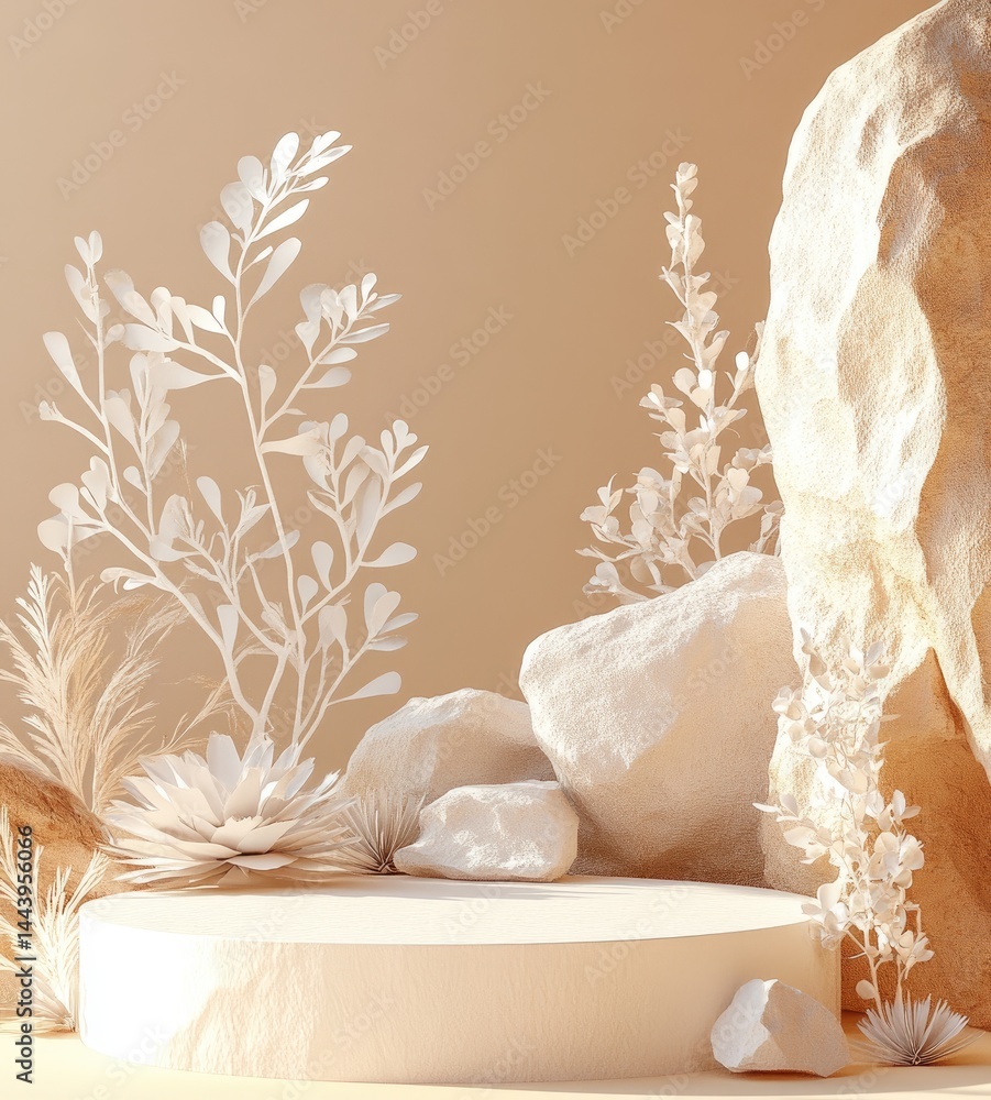 Aufkleber a serene minimalist display featuring white paper plants and rocks on a circular platform against a 
