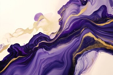 Abstract painting featuring flowing purple and gold hues.