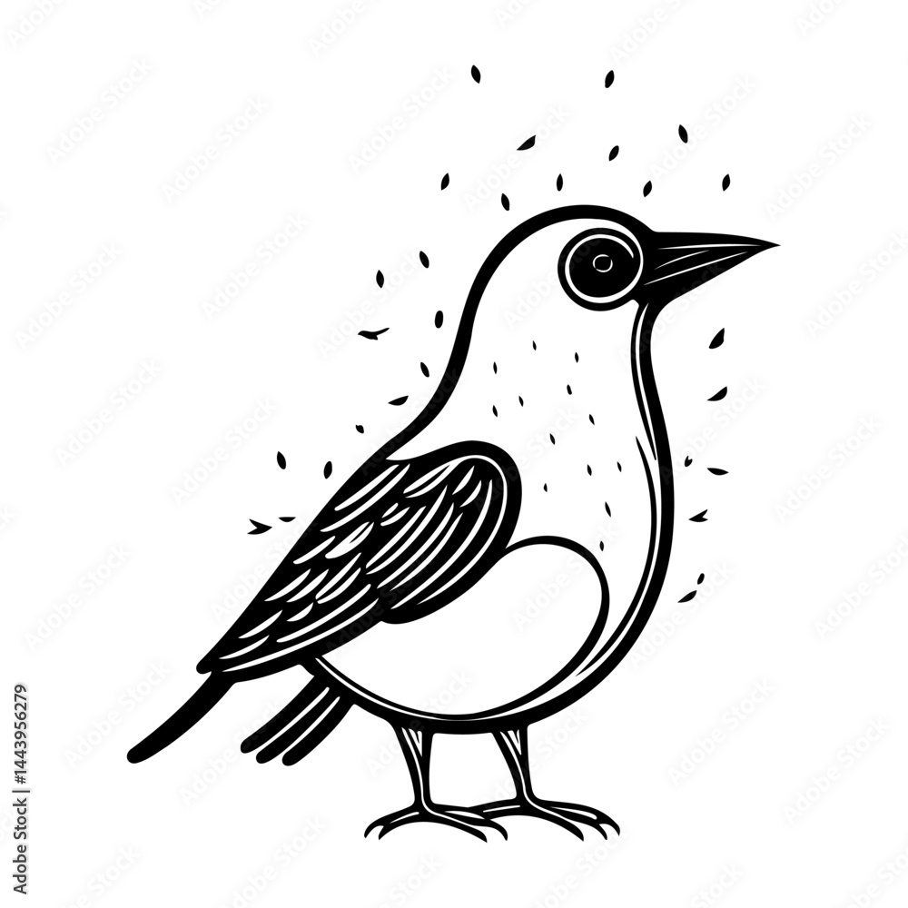 Poster stylized bird illustration with simple line work and floating feathers design