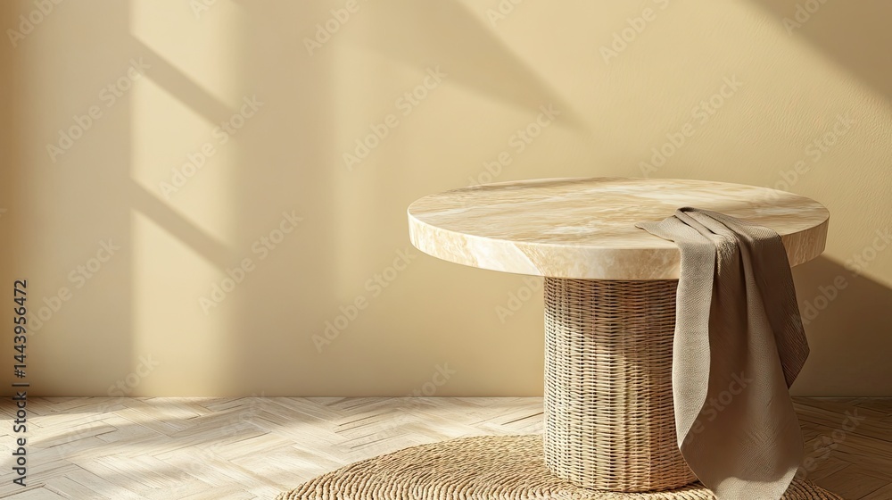 Poster a serene interior scene featuring a round wooden table with a woven base. illuminated by soft sunlig