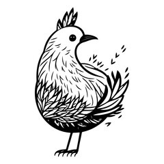 Stylized bird illustration with intricate feather details and monochrome palette