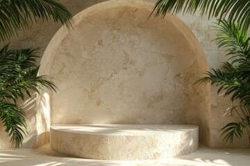 A serene. minimalist outdoor setting featuring a circular stone backdrop surrounded by palm leaves and natural rock formations. ideal for promotional or artistic displays