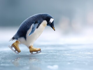 Adorable penguin on ice skates, gliding across frozen expanse.