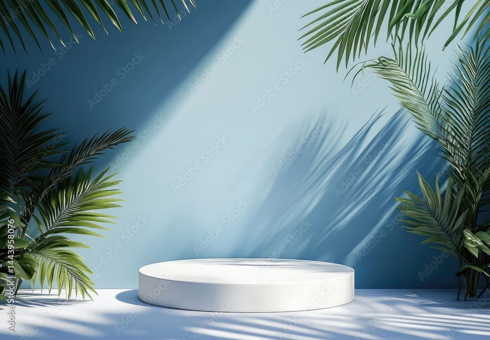 Poster a minimalist display platform surrounded by lush green foliage. illuminated by soft shadows. creatin