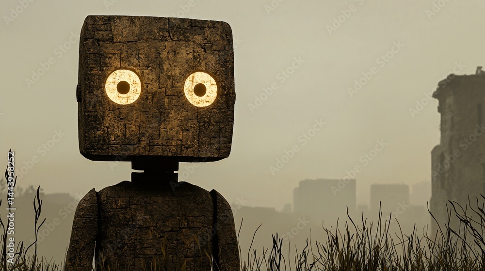 Poster rusty robot in a post-apocalyptic landscape