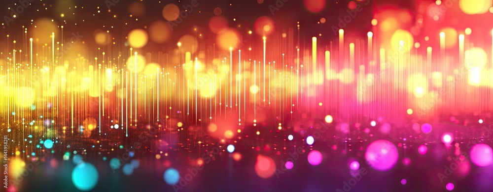 Poster a vibrant soundwave visualization with colorful bokeh lights in the background. illustrating the ene
