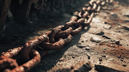 A stunning image of rusty industrial iron chains piled on the ground showcasing texture and decay with dirt enhancing the vintage industrial aesthetic.