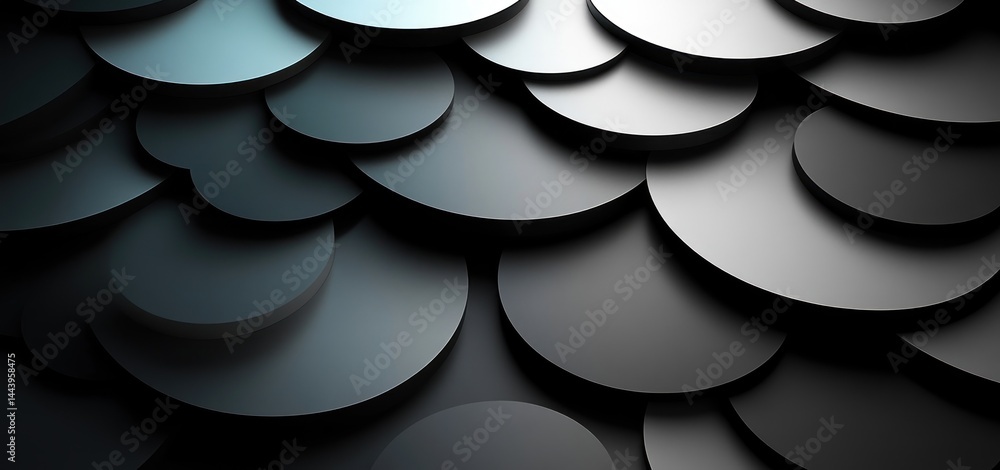 Poster abstract grayscale circles pattern, overlapping circles, 3d rendering, dark background,