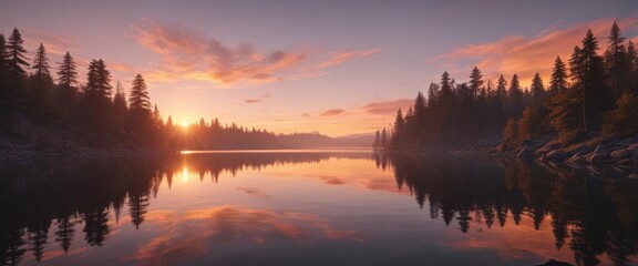 Fototapeta premium Mirror-like lake reflects a breathtaking sunset's glow , clouds, background, red