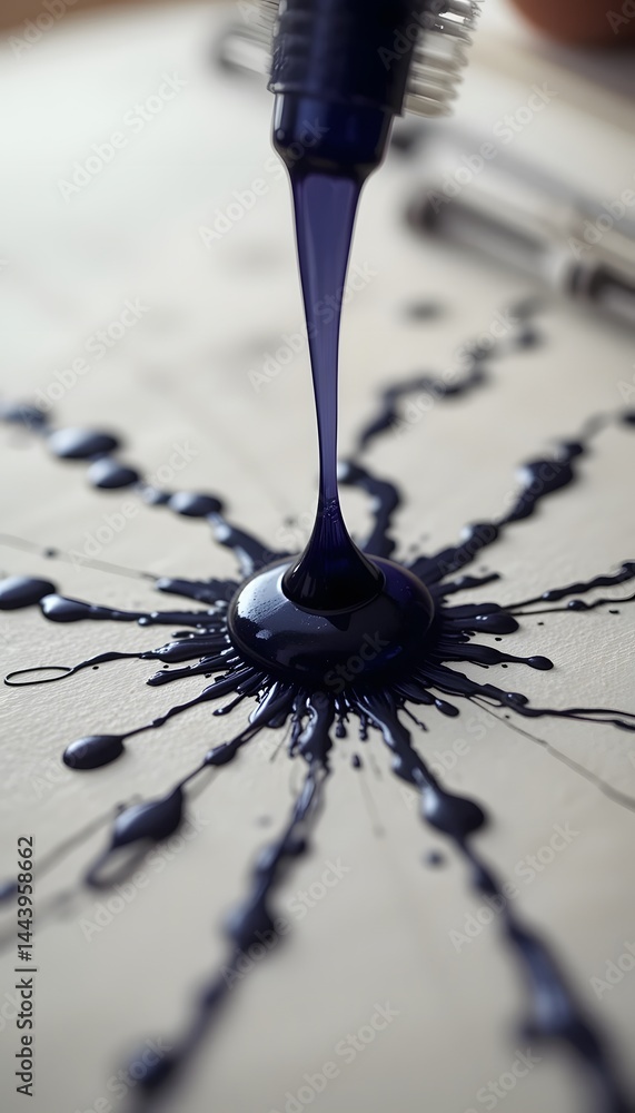 Poster ink drop, close-up view. capillary action creates spreading effect on paper. artistic detail showcas