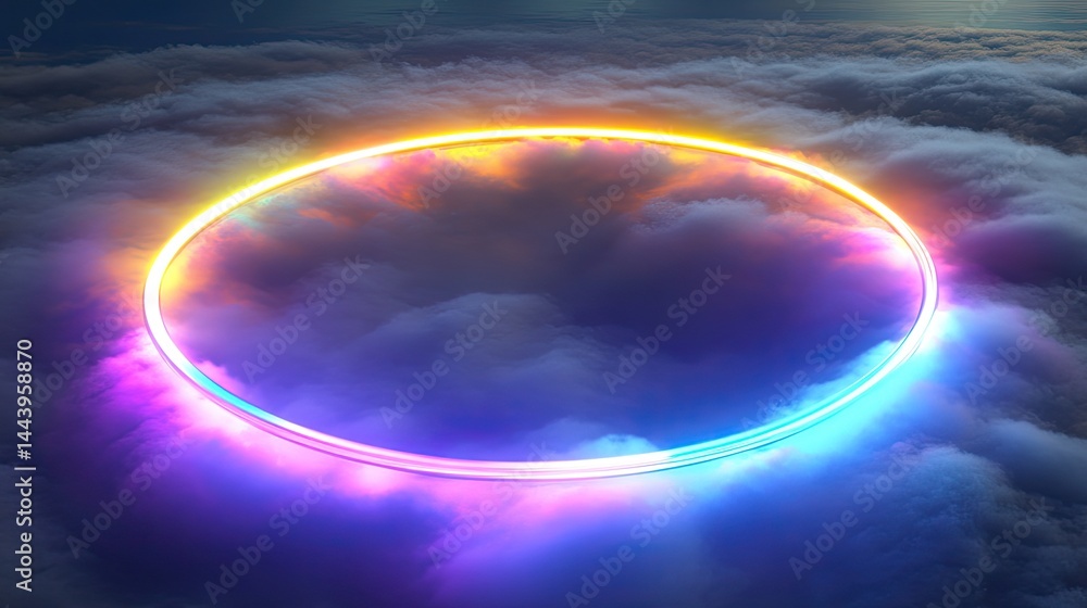 Poster a vibrant cosmic scene featuring colorful glowing rings floating above a sea of fluffy clouds. creat